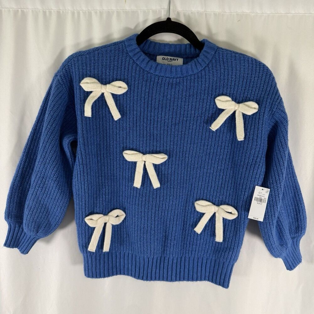New Old Navy Sweater Girls Small 6-7 Blue 3D Bows Knit Crewneck Balloon Slv